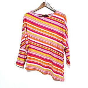 Tiana B. Asymmetrical Blouse Womens Size S Bright Stripes 3/4 Sleeve Casual Boho